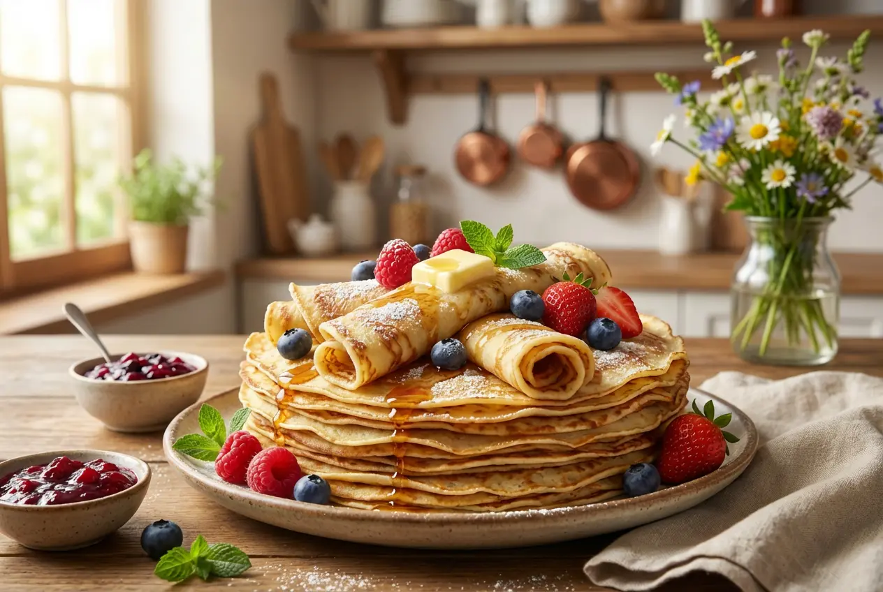 Magnifique pile de crêpes moelleuses servie sur une assiette avec des fruits rouges frais, du sucre glace et une noix de beurre fondant.