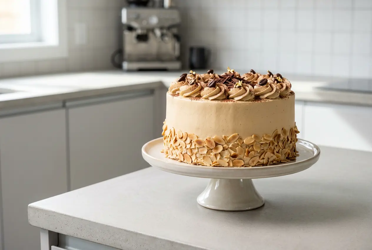 Gâteau Moka au Café fini présenté sur un stand élégant, avec crème au beurre lisse et amandes torréfiées sur les côtés.