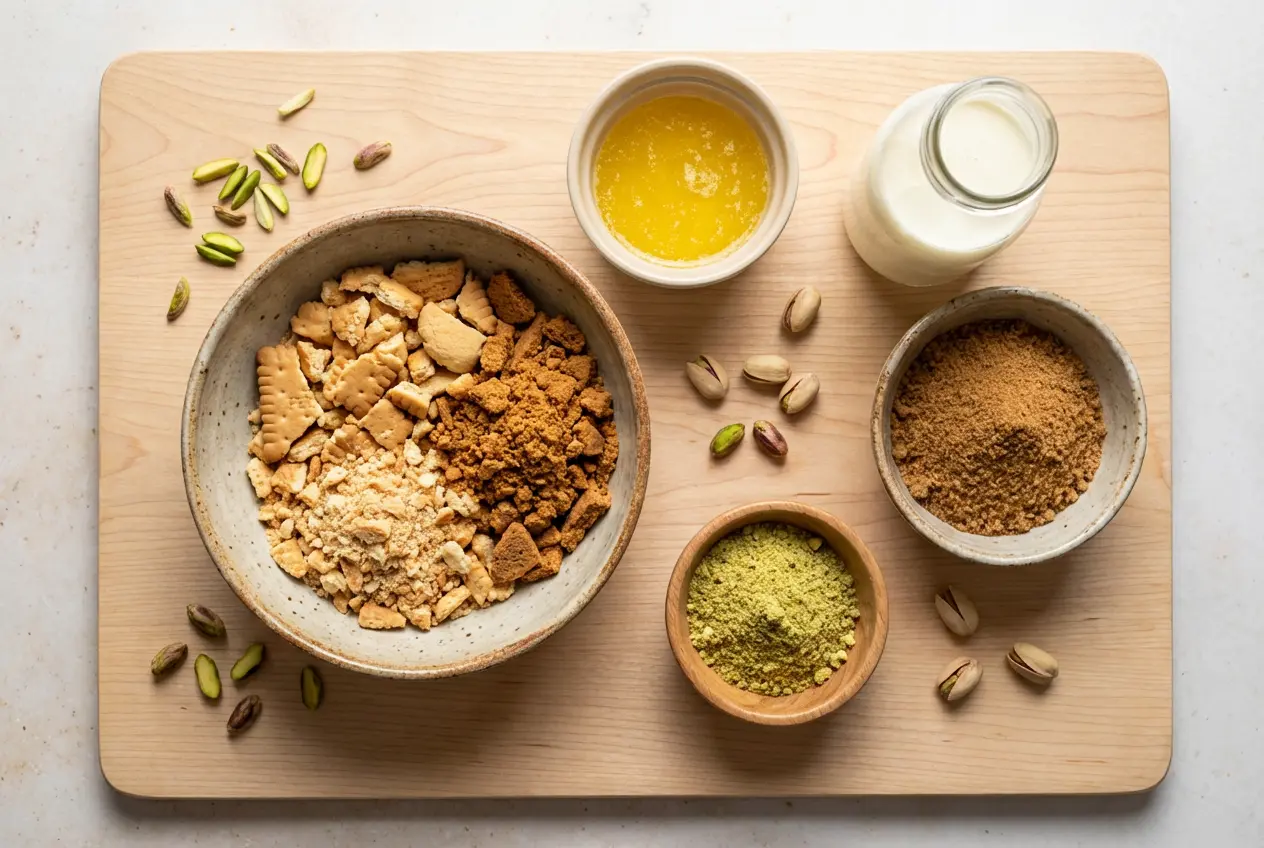 Ingredients-Flan-Pistache-Sans-Cuisson Ingrédients pour recette flan pistache sans cuisson : biscuits, crème, beurre et pistaches sur table en bois