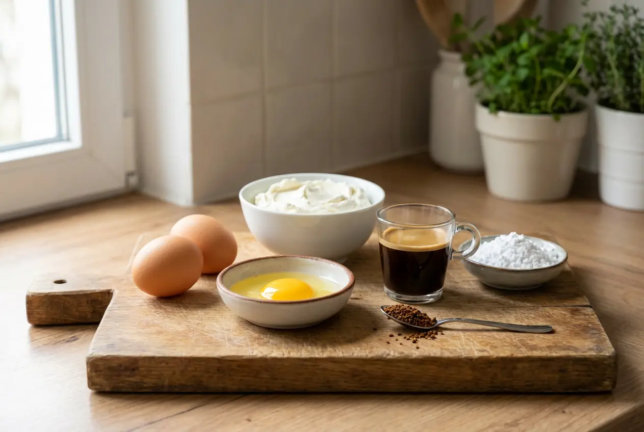 Ingrédients Clés pour une Mousse au Café Parfaite Ingrédients pour la recette de mousse au café maison, joliment disposés sur une planche en bois : œufs, mascarpone, sucre, expresso et café soluble.