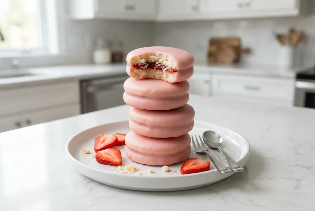 Pile de biscuits Napolitaines de l’île Maurice au glaçage rose, avec un biscuit croqué montrant la texture sablée et le cœur de confiture.