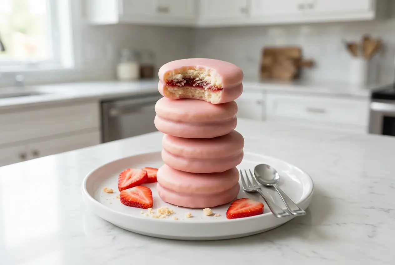 Pile de biscuits Napolitaines de l’île Maurice au glaçage rose, avec un biscuit croqué montrant la texture sablée et le cœur de confiture.