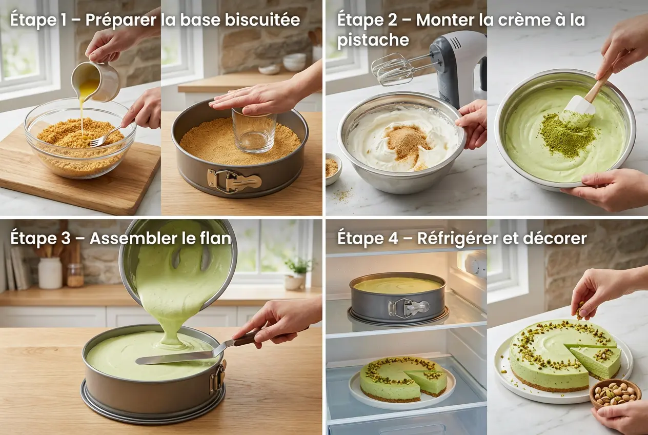 Etapes-Recette-Flan-Pistache-Sans-Cuisson Étapes préparation flan pistache sans cuisson : base biscuitée, crème montée et assemblage