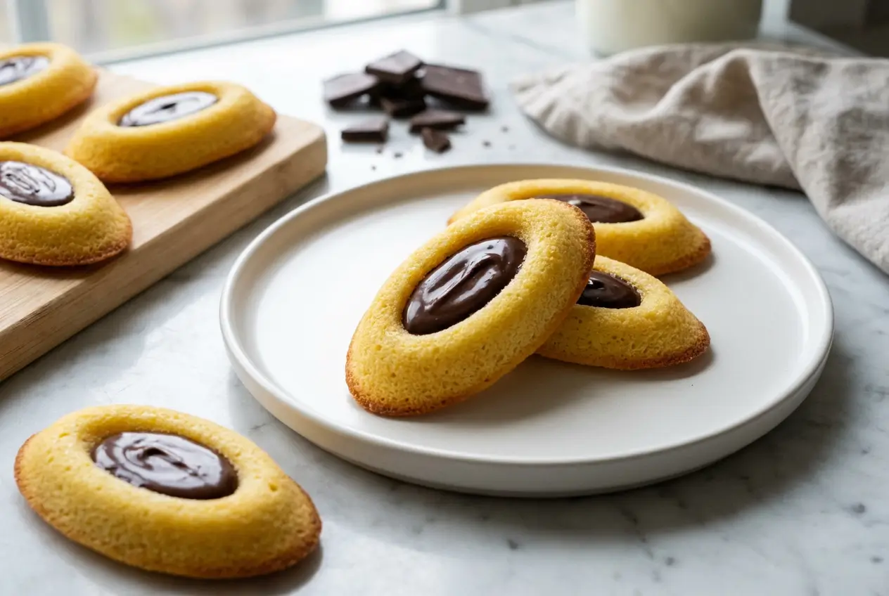 Barquettes au chocolat maison avec un biscuit doré et un cœur de chocolat noir brillant, présentées sur une assiette blanche épurée.