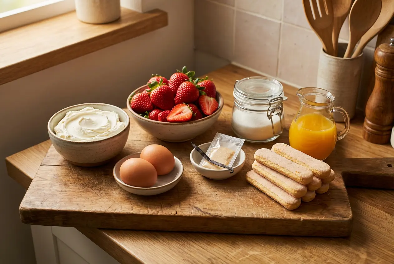 Ingrédients frais pour recette charlotte aux fraises façon tiramisu sur plan de travail en bois : fraises, mascarpone, œufs et biscuits à la cuillère.