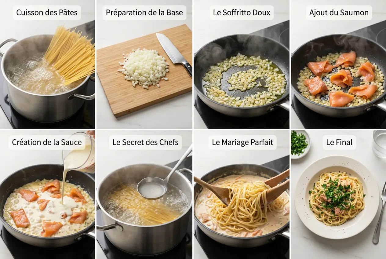 Étapes de Préparation des Spaghettis au Saumon Fumé Storyboard en 8 étapes montrant la préparation des spaghettis au saumon fumé, de la cuisson des pâtes au service final dans l'assiette.