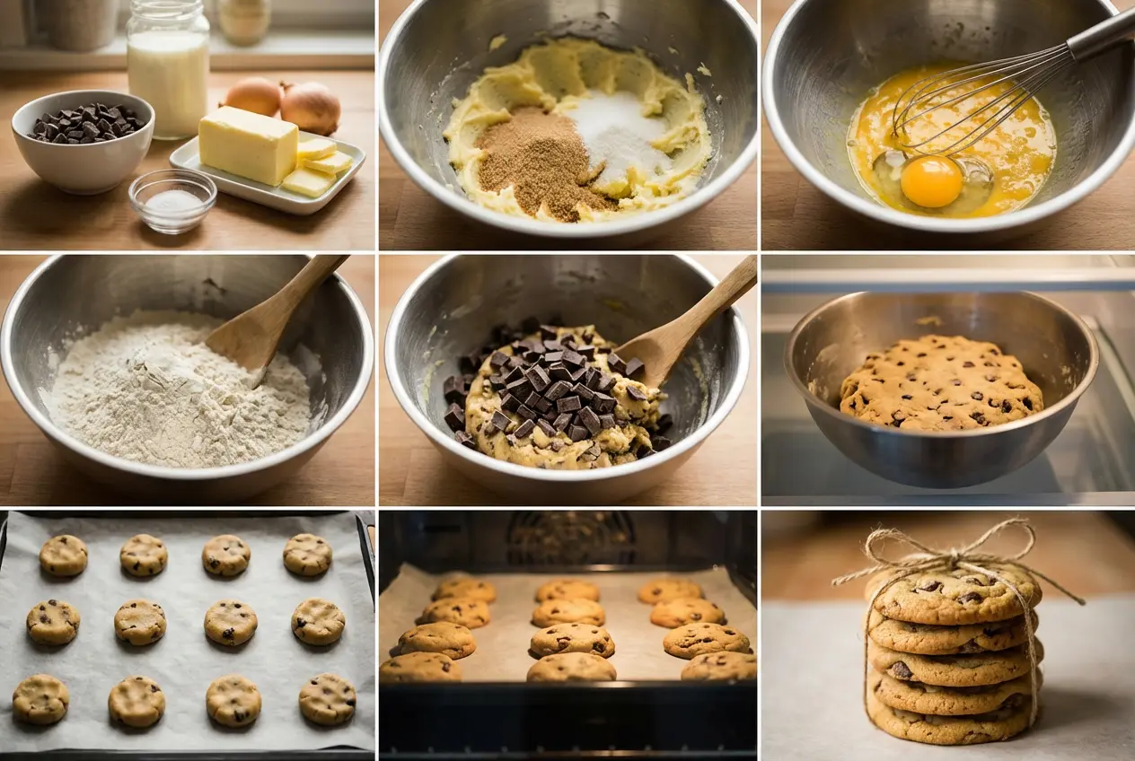 Guide visuel en 9 étapes montrant comment préparer la pâte à cookies au chocolat, la former, la réfrigérer, la découper et la cuire.