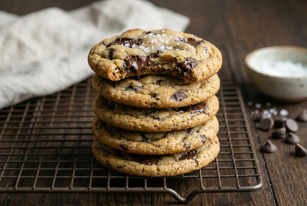 Pile de cookies au chocolat maison, épais et dorés, avec des pépites de chocolat fondantes bien visibles, sur un fond rustique.