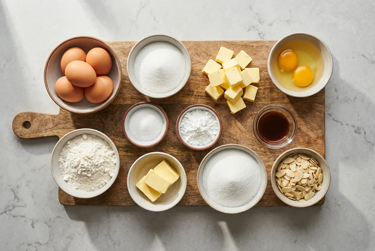 Ingrédients frais pour la recette du Gâteau Moka au Café disposés sur une planche en bois : œufs, sucre, beurre, farine et extrait de café.