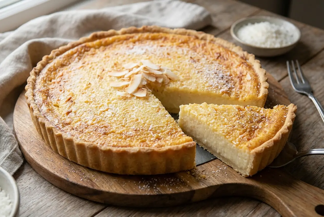 Tarte au Flan Coco Maison Dorée Magnifique Tarte au Flan Coco entière, dorée et brillante, présentée sur un plat de service élégant, prête à être dégustée.