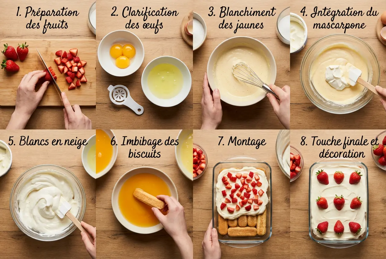 Étapes de préparation de la charlotte aux fraises façon tiramisu : découpe des fraises, mélange crème mascarpone et montage.