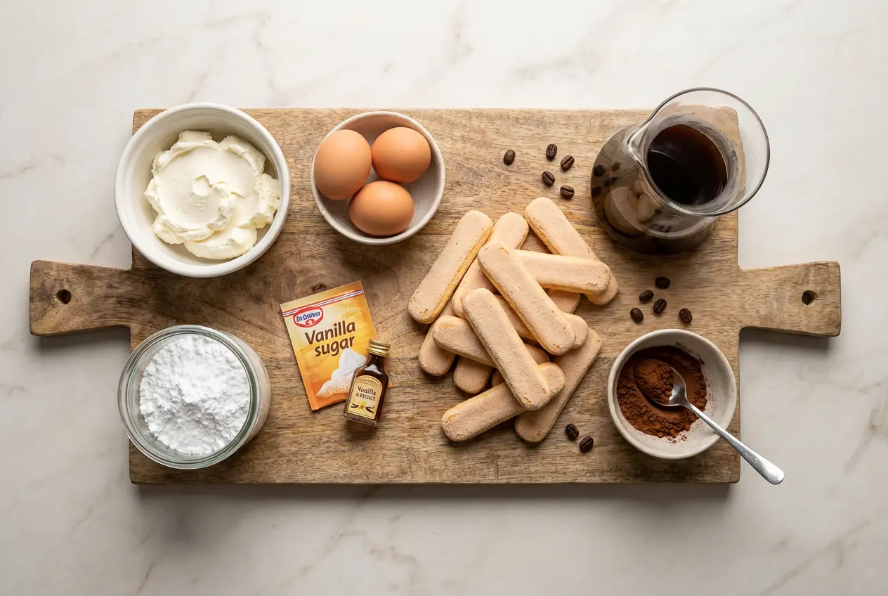 Ingrédients pour la tarte tiramisu sans cuisson disposés sur une planche en bois : mascarpone, œufs, sucre, biscuits à la cuillère, café et cacao.