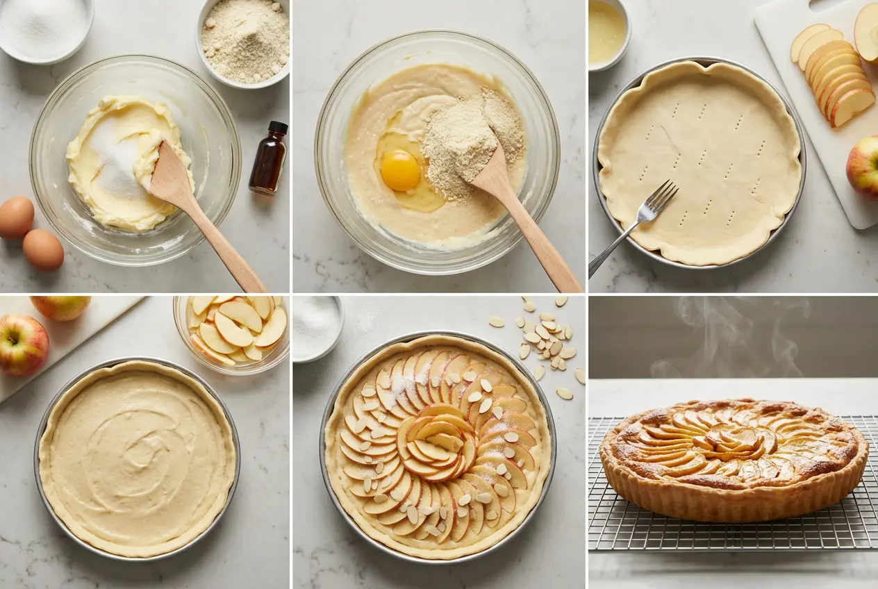 Collage photo des étapes de préparation de la tarte aux pommes : mélange de la crème d'amande, disposition des pommes en rosace et cuisson.