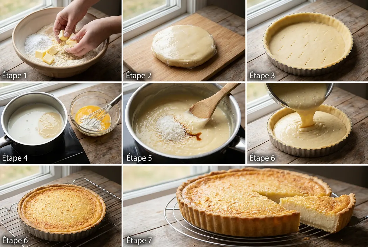 Préparation Tarte au Flan Coco en 7 Étapes Infographie en 7 étapes montrant comment préparer la Tarte au Flan Coco, de la fabrication de la pâte à la cuisson finale.