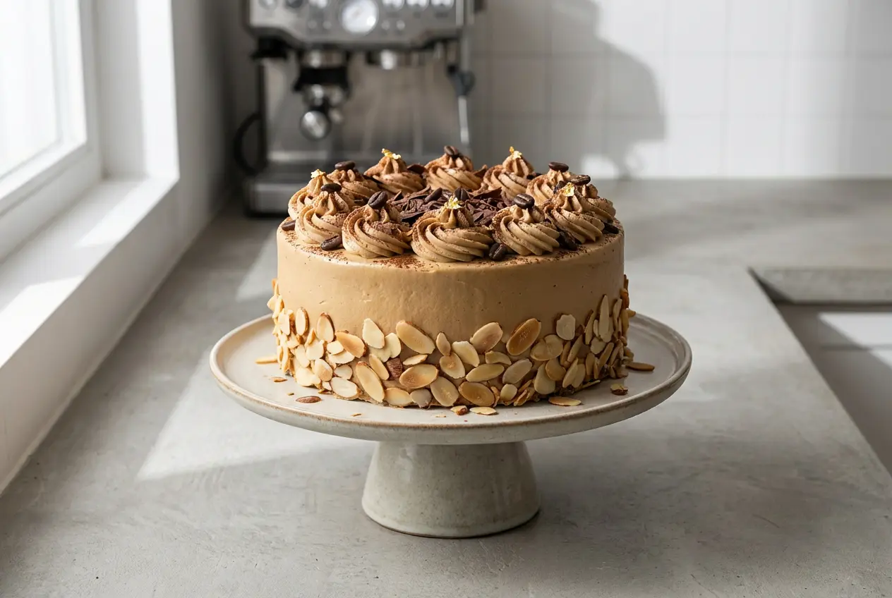 Gâteau Moka au Café fini présenté sur un stand élégant, avec crème au beurre lisse et amandes torréfiées sur les côtés.