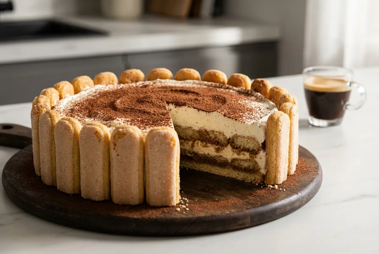 Tarte tiramisu sans cuisson entière, de type charlotte, recouverte de cacao amer et présentée sur une assiette de service design.