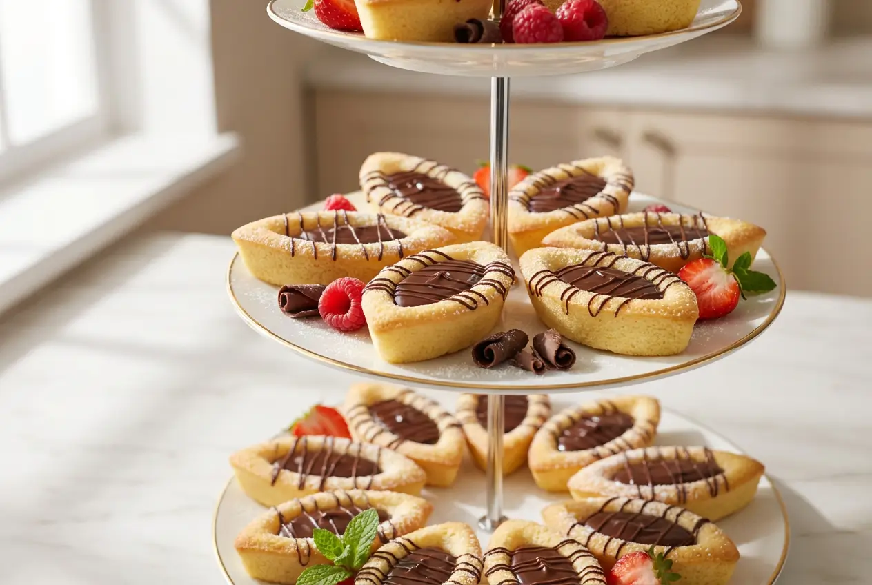 Barquettes au chocolat maison avec un biscuit doré et un cœur de chocolat noir brillant, présentées sur une assiette blanche épurée.