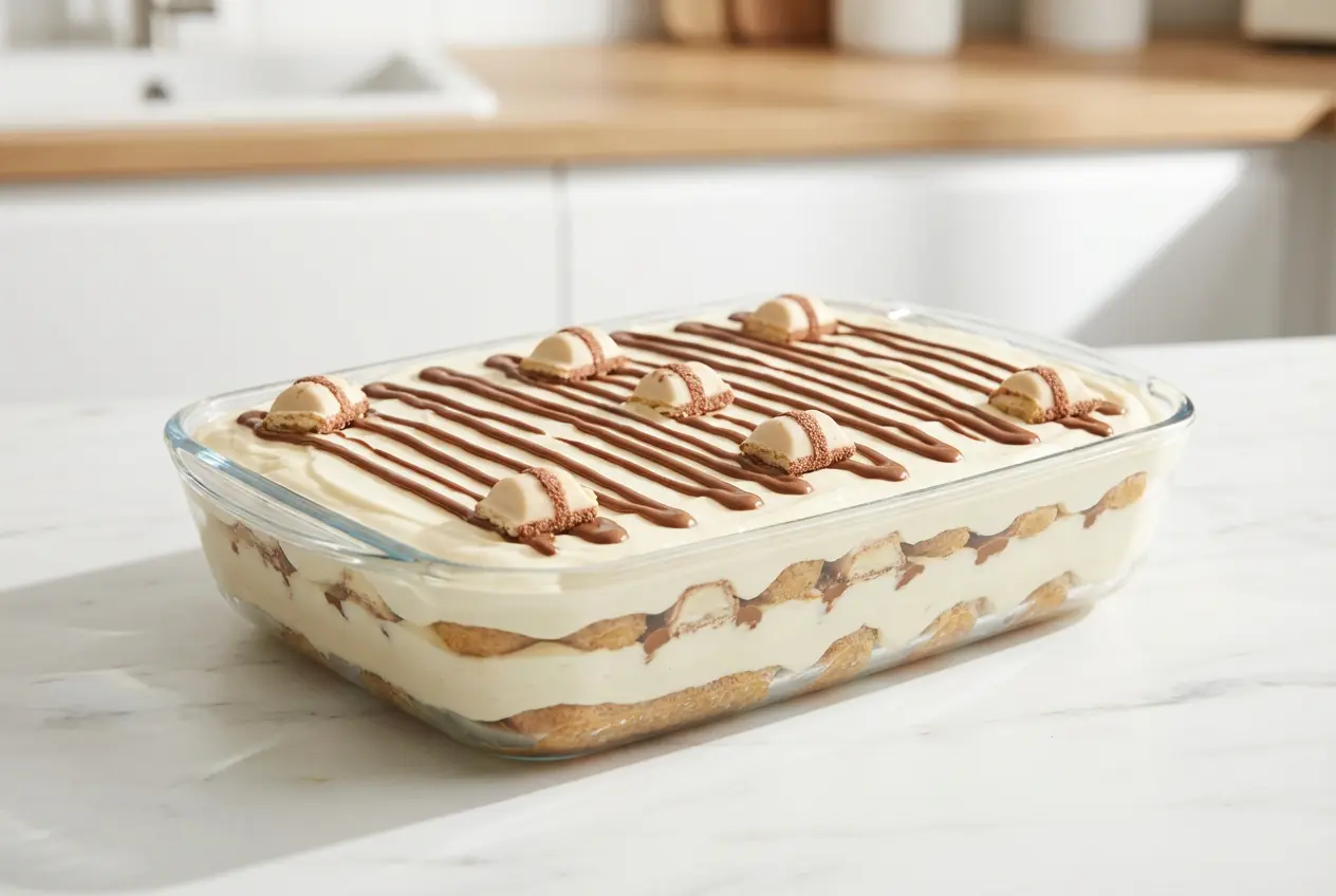Tiramisu Kinder Bueno White terminé dans un plat en verre avec décoration marbrée au chocolat.
