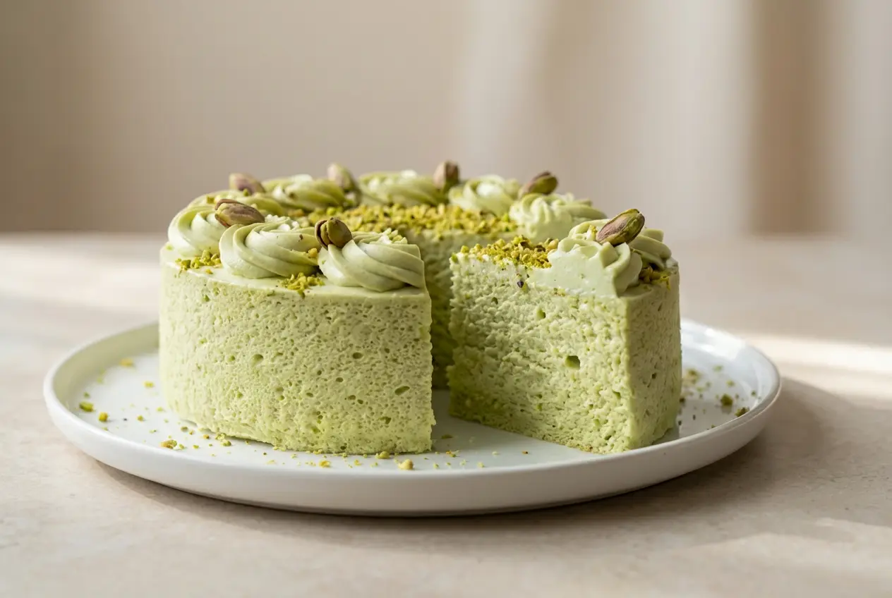gateau-nuage-pistache-decore-creme Gâteau nuage à la pistache entier décoré de rosaces de crème pistache et d'éclats de pistaches sur une assiette blanche.