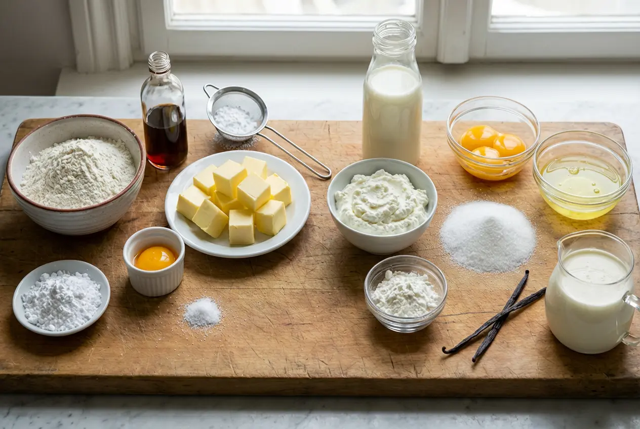 Ingrédients pour le Gâteau Crémeux à la Vanille Tarte Nuage soigneusement disposés sur un plan de travail de cuisine en marbre.