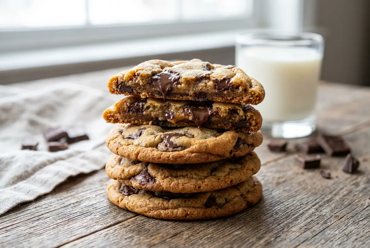Pile de cookies au chocolat maison, épais et dorés, avec des pépites de chocolat fondantes bien visibles, sur un fond rustique.