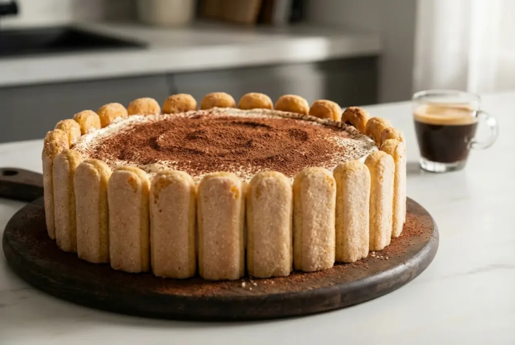 Tarte tiramisu sans cuisson entière, de type charlotte, recouverte de cacao amer et présentée sur une assiette de service design.