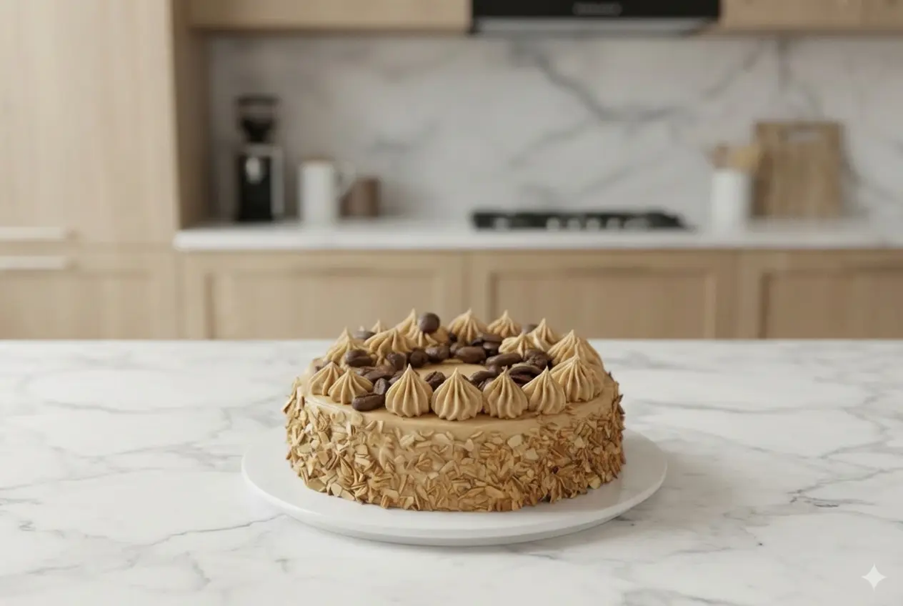 Gâteau Moka au Café fini présenté sur un stand élégant, avec crème au beurre lisse et amandes torréfiées sur les côtés.