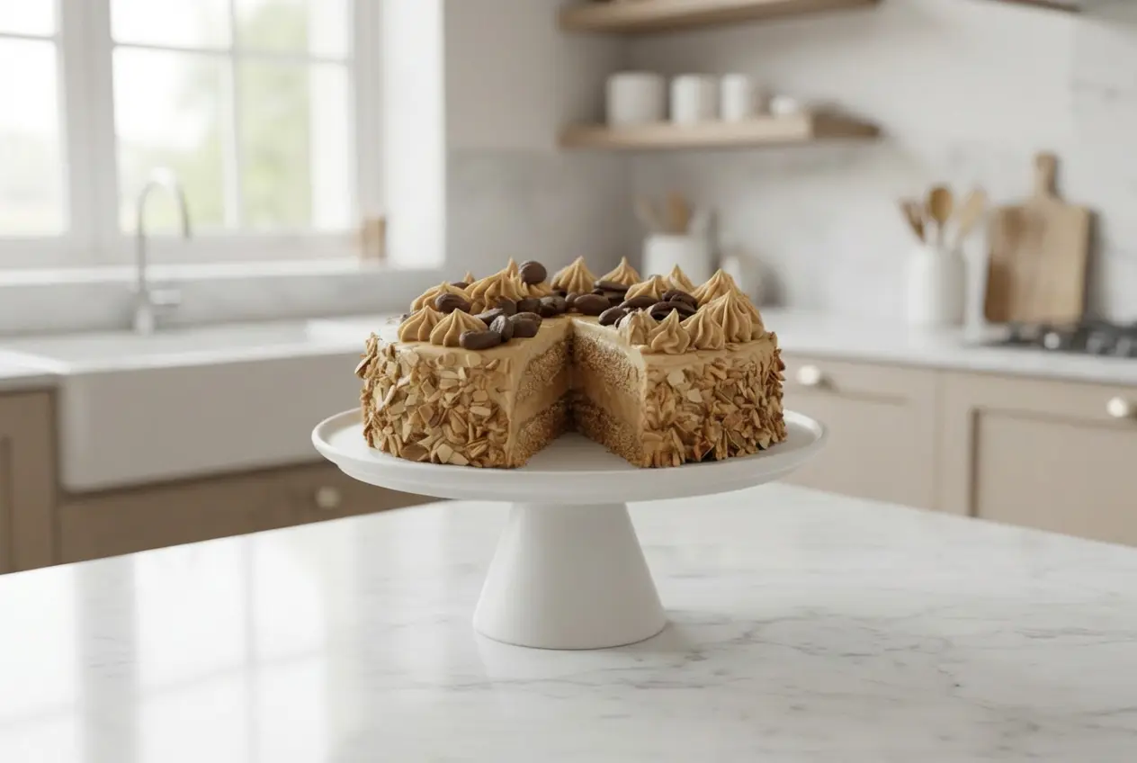 Gâteau Moka au Café fini présenté sur un stand élégant, avec crème au beurre lisse et amandes torréfiées sur les côtés.