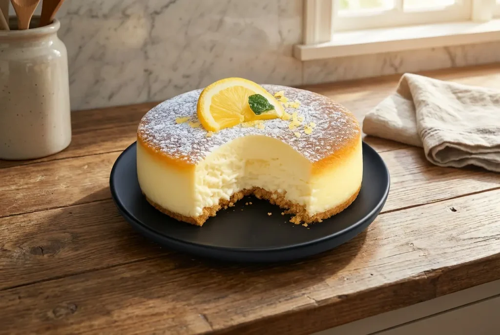 Un gâteau fondant au citron et au mascarpone, rond et haut, reposant sur un plat de service en céramique blanche. Le dessus jaune pâle est saupoudré de sucre glace et élégamment décoré d'une petite grappe de framboises fraîches et de tranches de fraises.