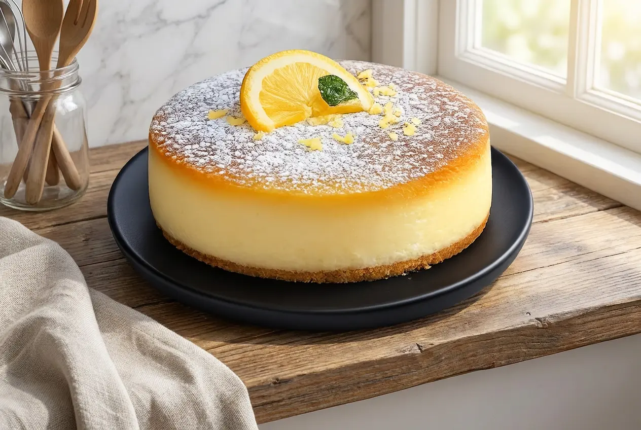 Un gâteau fondant au citron et au mascarpone, rond et haut, reposant sur un plat de service en céramique blanche. Le dessus jaune pâle est saupoudré de sucre glace et élégamment décoré d'une petite grappe de framboises fraîches et de tranches de fraises.