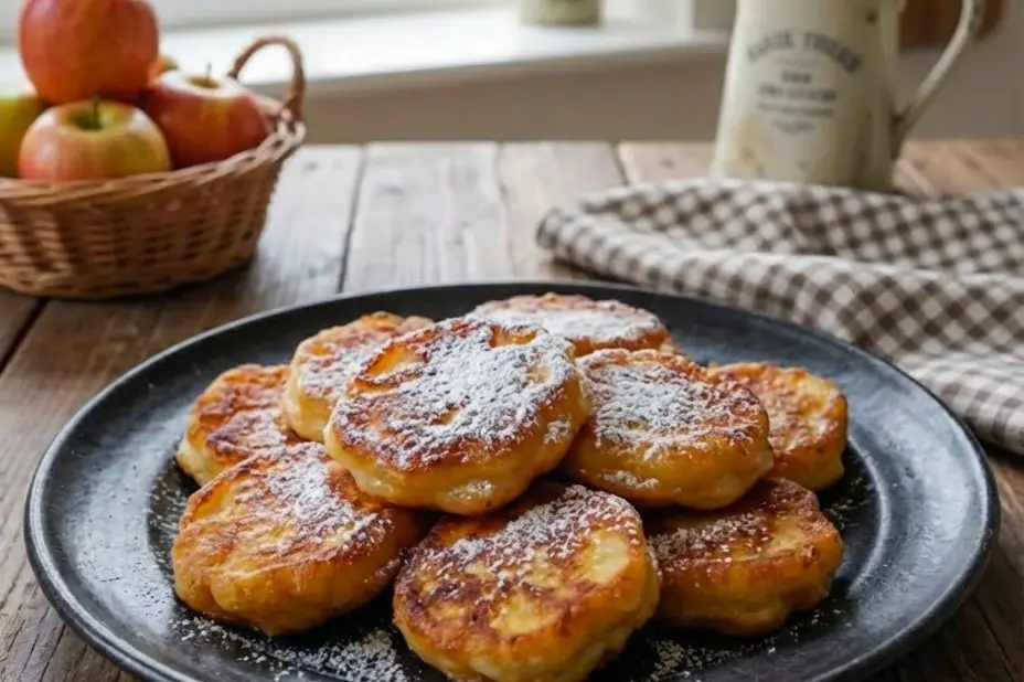 Présentation moderne et élégante de beignets aux pommes servis sur une assiette en céramique avec des touches de cannelle, sur un plan de travail en marbre.
