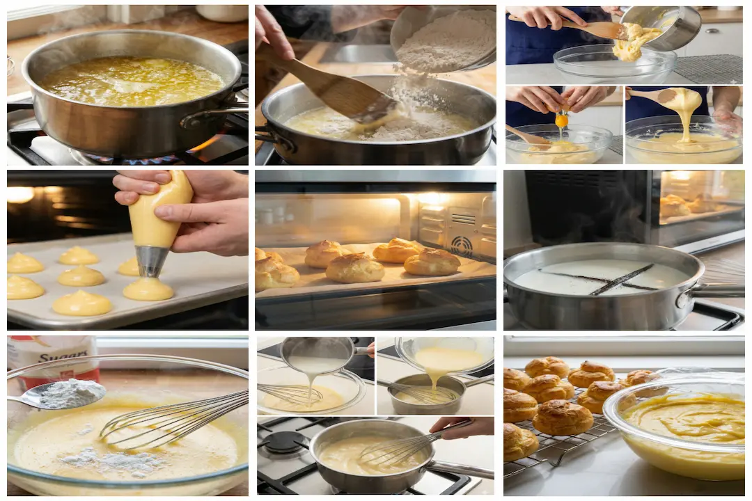 Préparation de la pâte à choux dans une casserole, mélange vigoureux de la farine et du beurre à la spatule en bois.