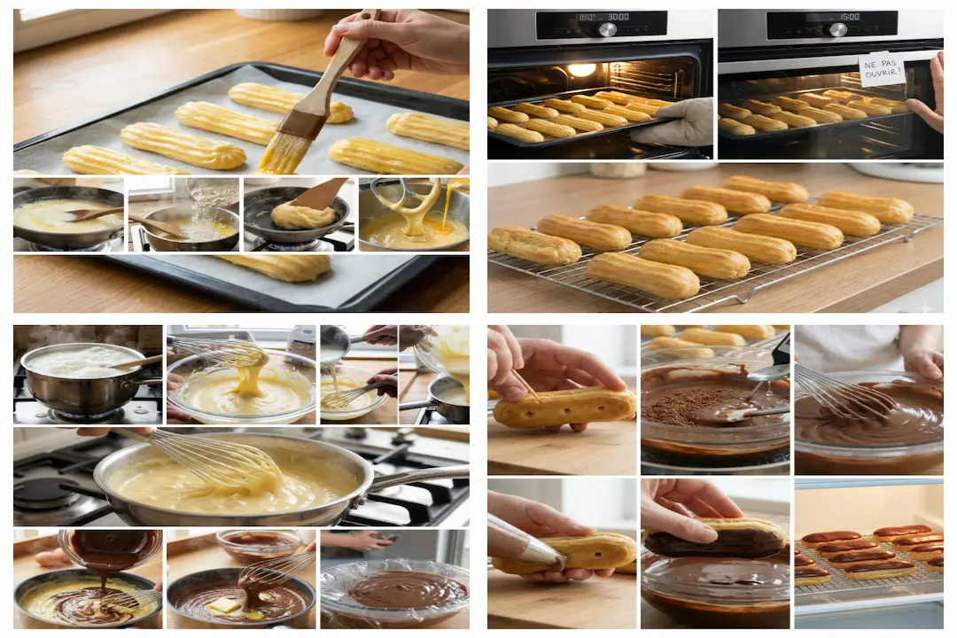 Préparation de la pâte à choux pour Minis éclairs chocolat dans une casserole, étape du dessèchement.