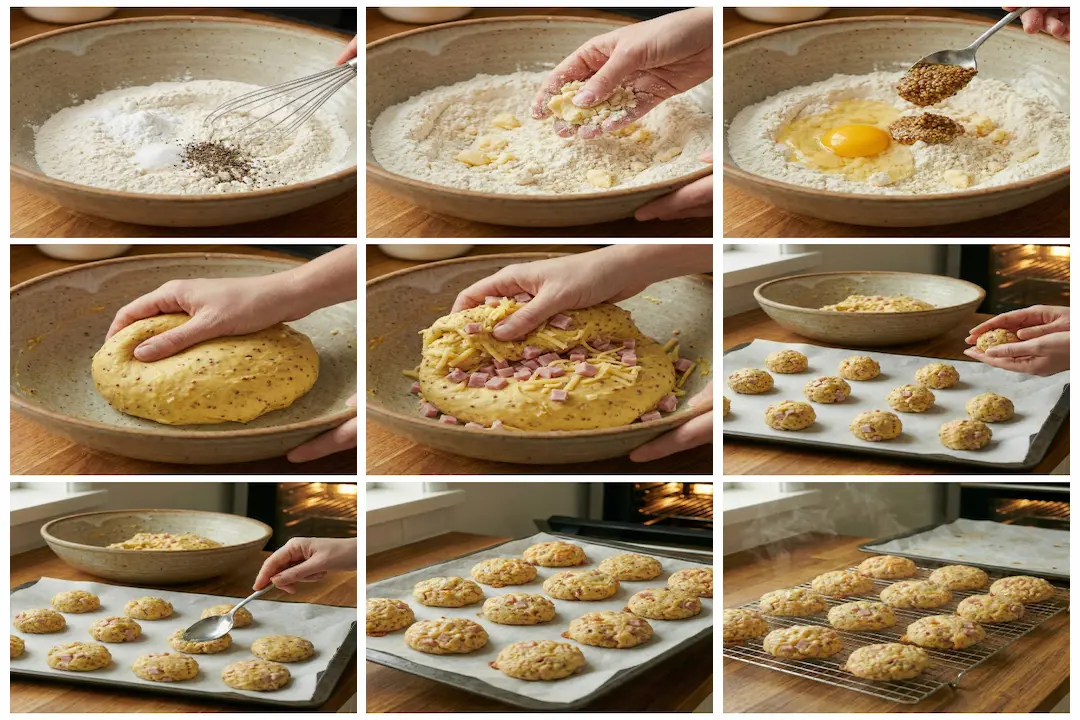 Boules de pâte crue de cookies salés au jambon et fromage prêtes à cuire sur une plaque.