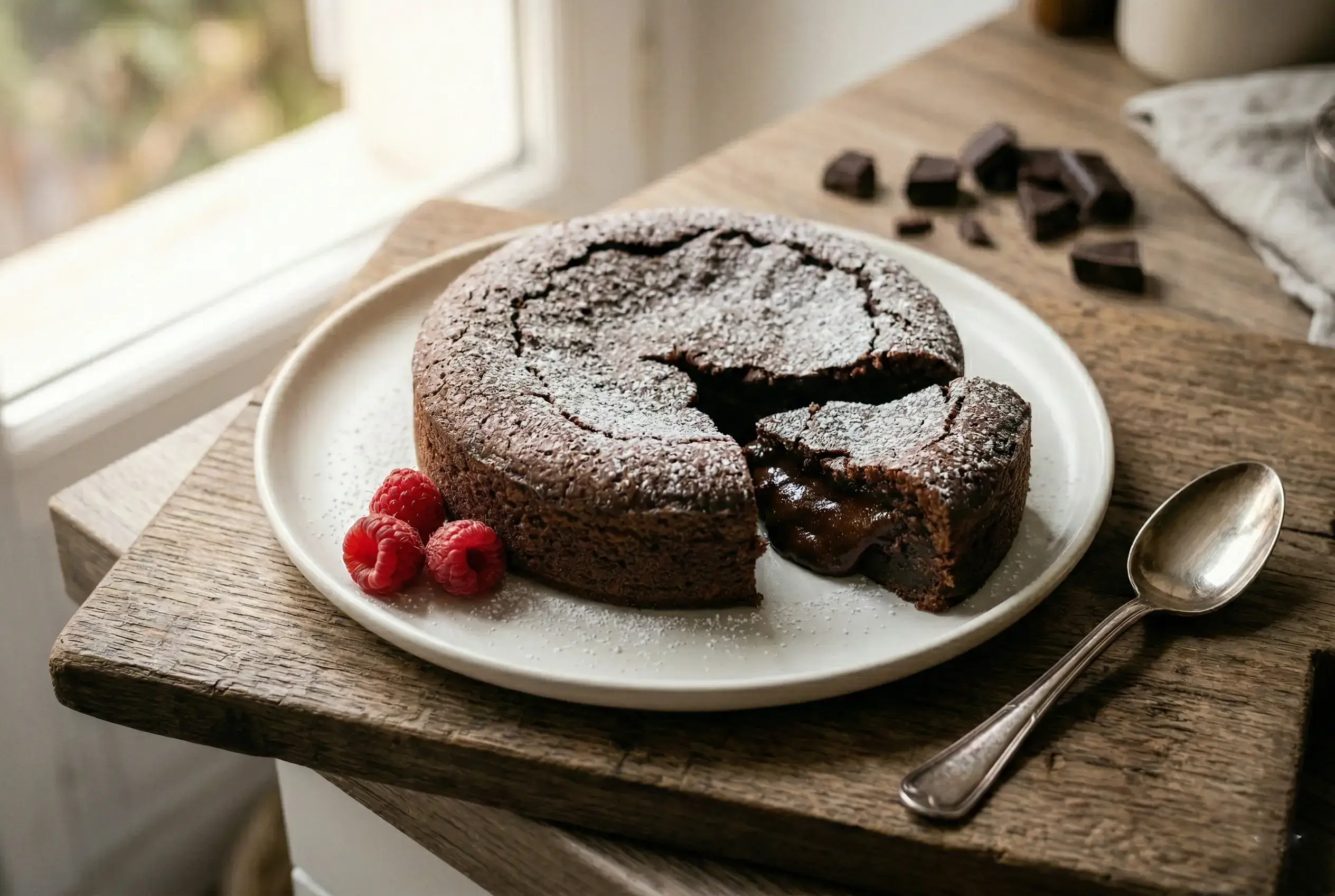Gâteau fondant au chocolat léger démoulé sur une assiette blanche avec une part coupée révélant un cœur coulant.