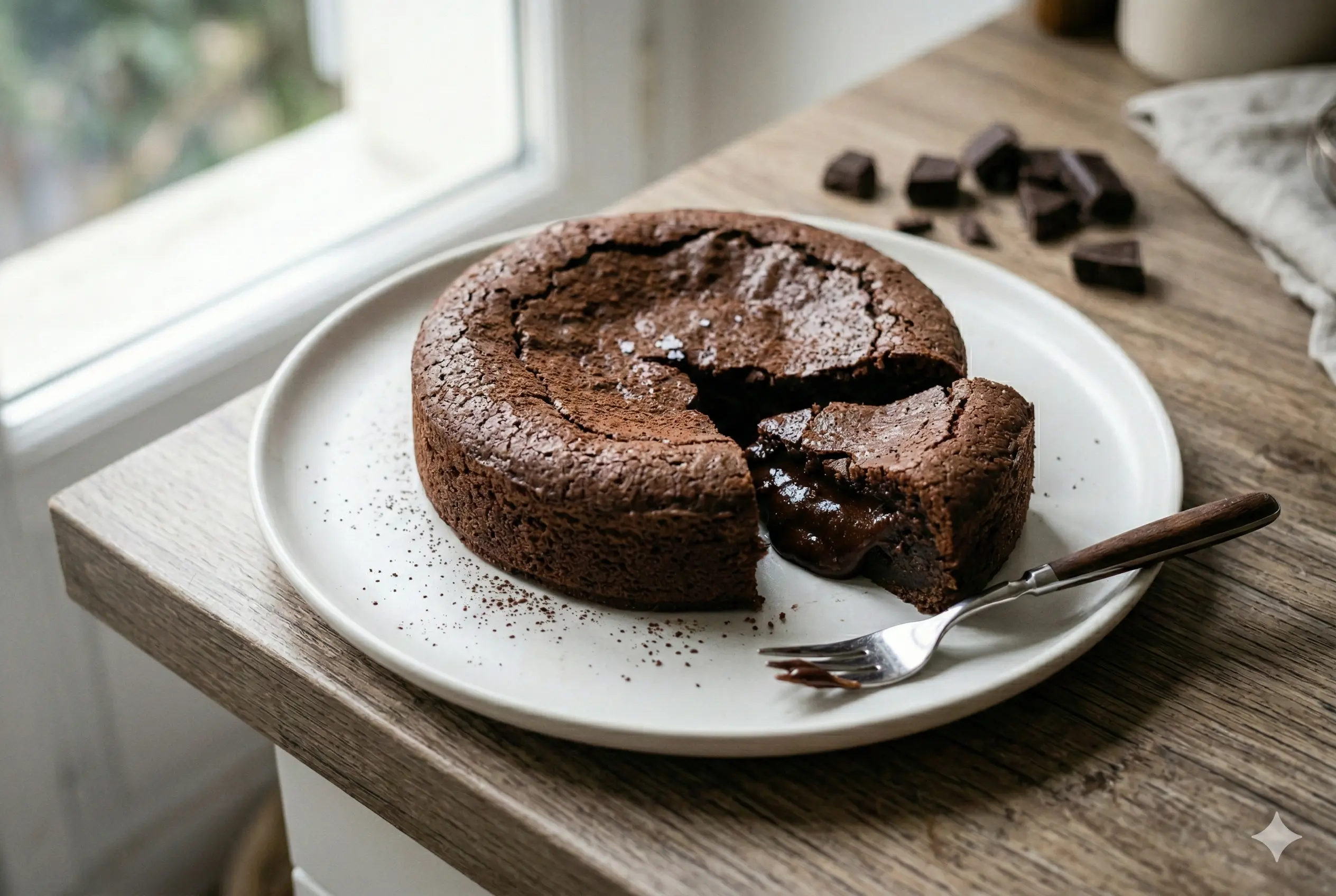 Gâteau fondant au chocolat léger démoulé sur une assiette blanche avec une part coupée révélant un cœur coulant.