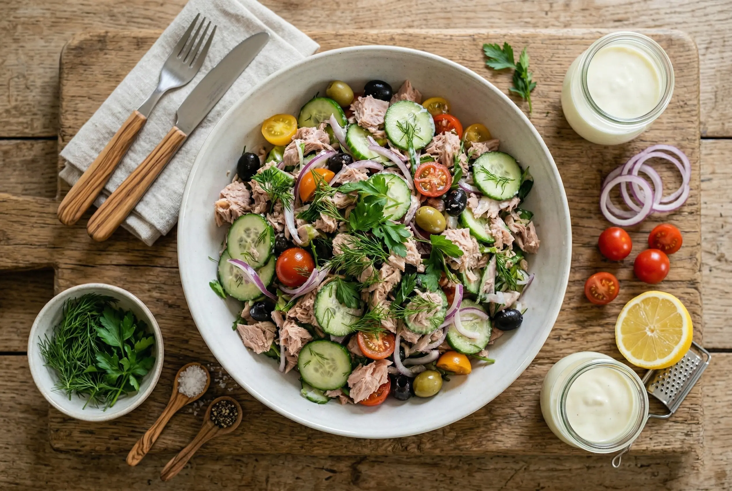 Bol de salade au thon crémeuse avec tomates cerises, concombres et olives noires, servi dans une assiette blanche.