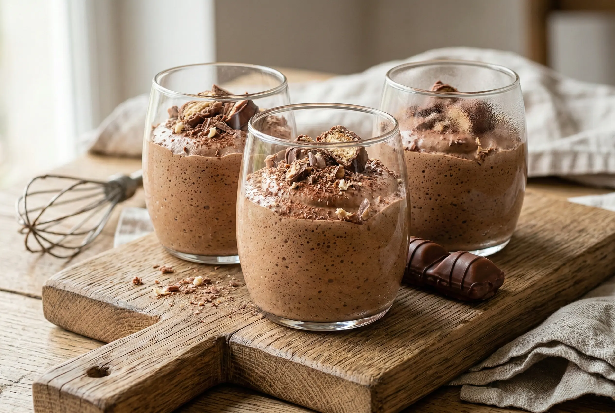 mousse-kinder-bueno-verrines-gourmandes Trois verrines transparentes remplies de mousse au Kinder Bueno onctueuse, décorées de morceaux croustillants et de copeaux de chocolat-noisette, servies sur une planche en bois.