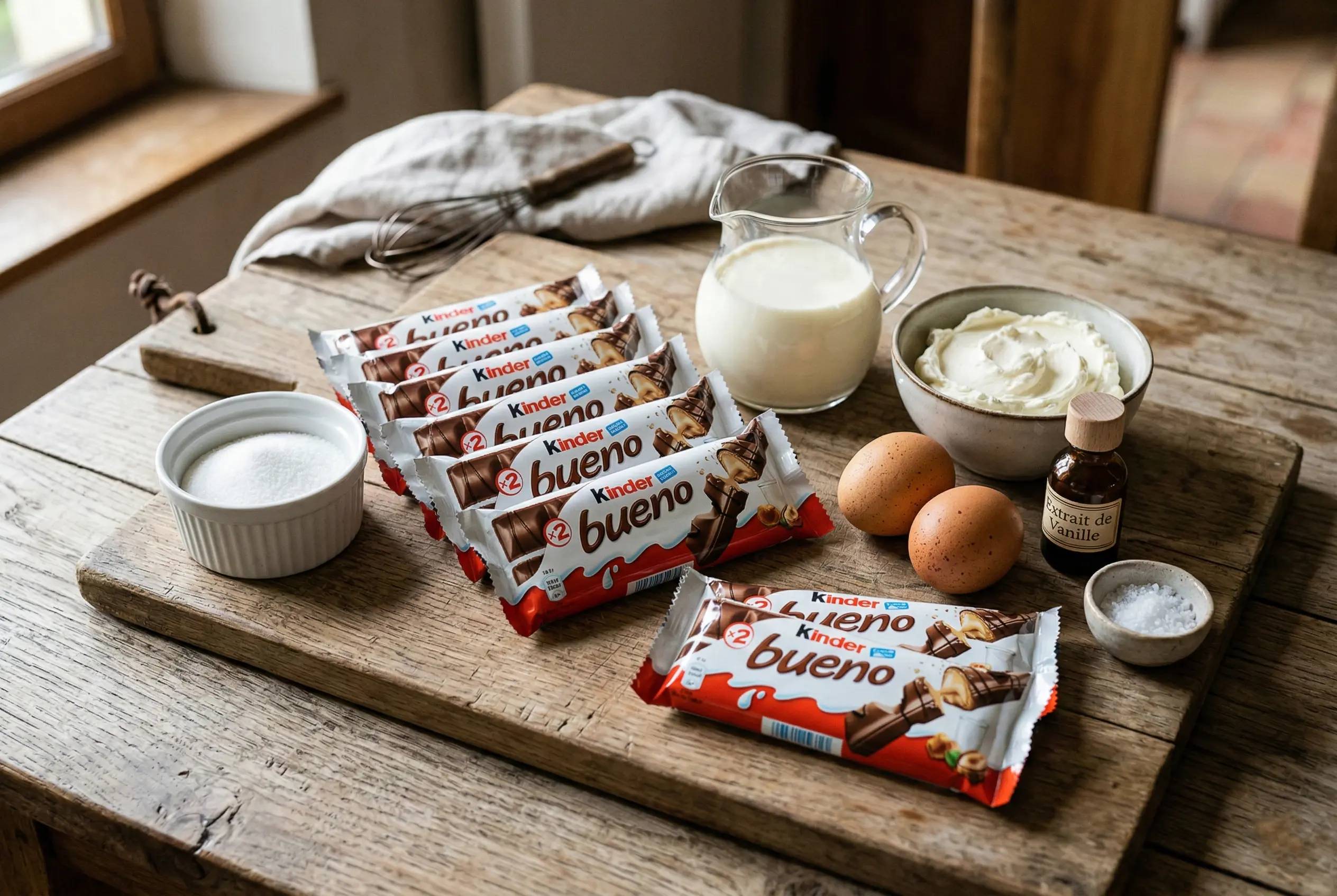 ingredients-mousse-kinder-bueno-maison Ingrédients pour mousse au Kinder Bueno disposés sur une planche en bois rustique : œufs, crème liquide, mascarpone, sucre, vanille, sel et barres Kinder Bueno.