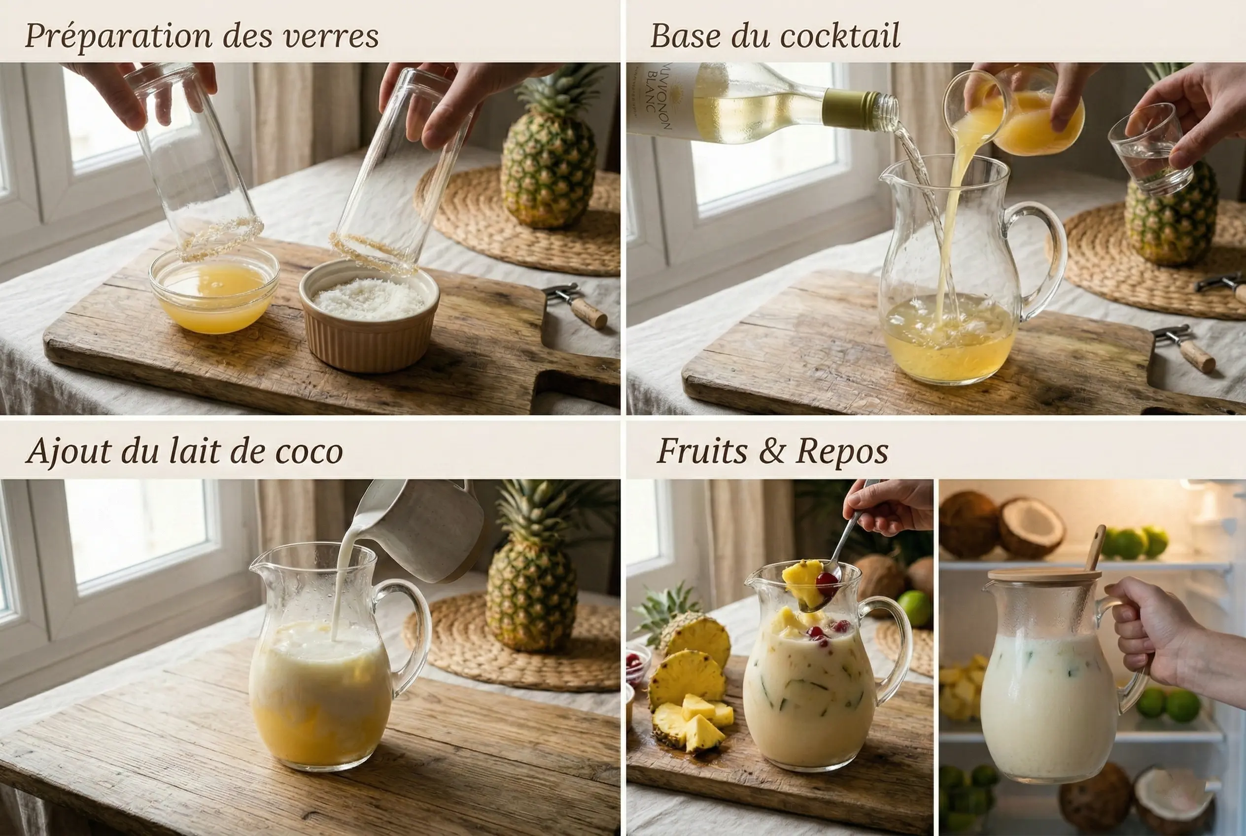 Montage photo en 4 étapes montrant comment préparer une Sangria Piña Colada : givrage du verre, mélange des alcools et ajout du lait de coco.