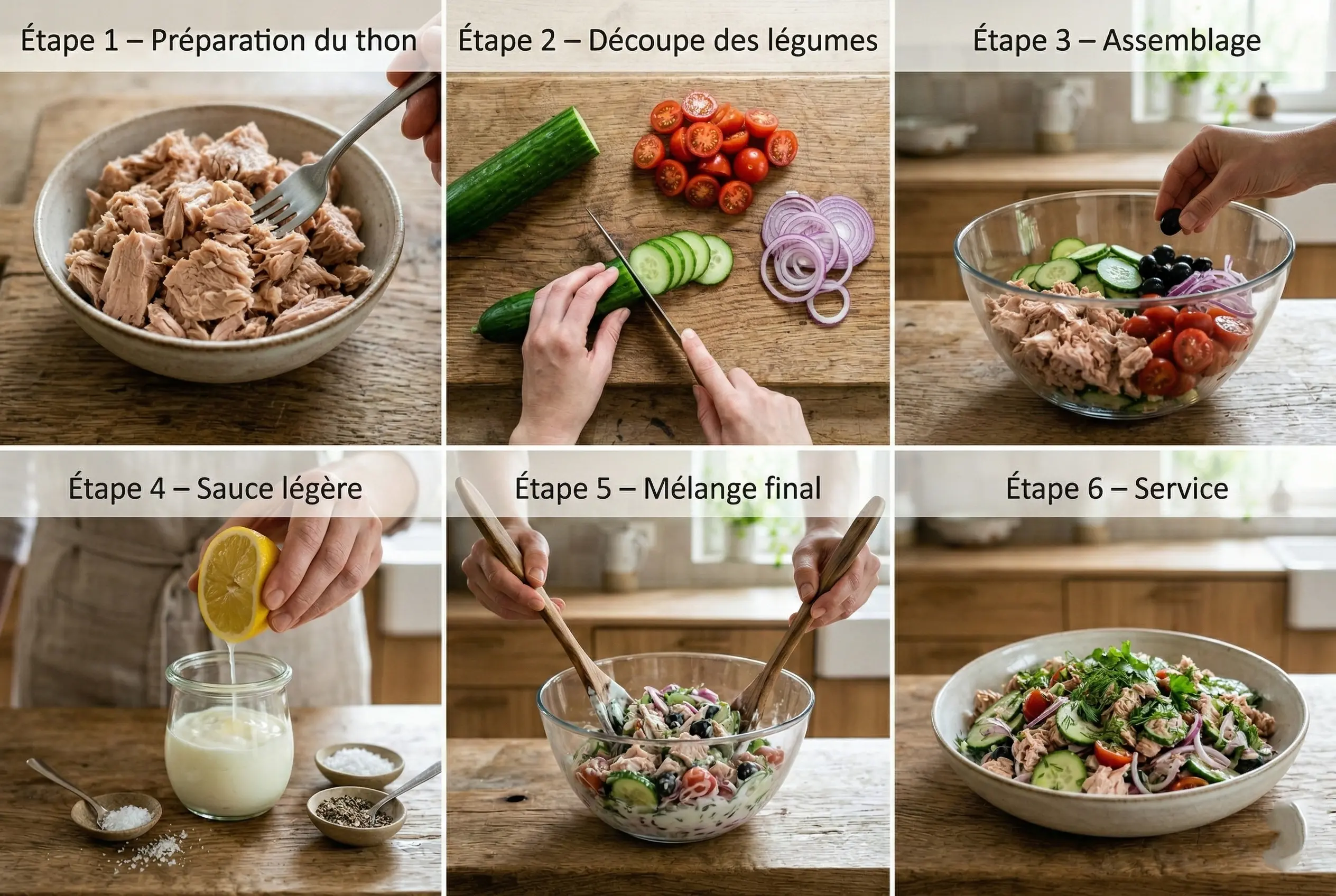 Guide étape par étape en 6 cases montrant comment préparer, découper et mélanger la salade au thon légère.