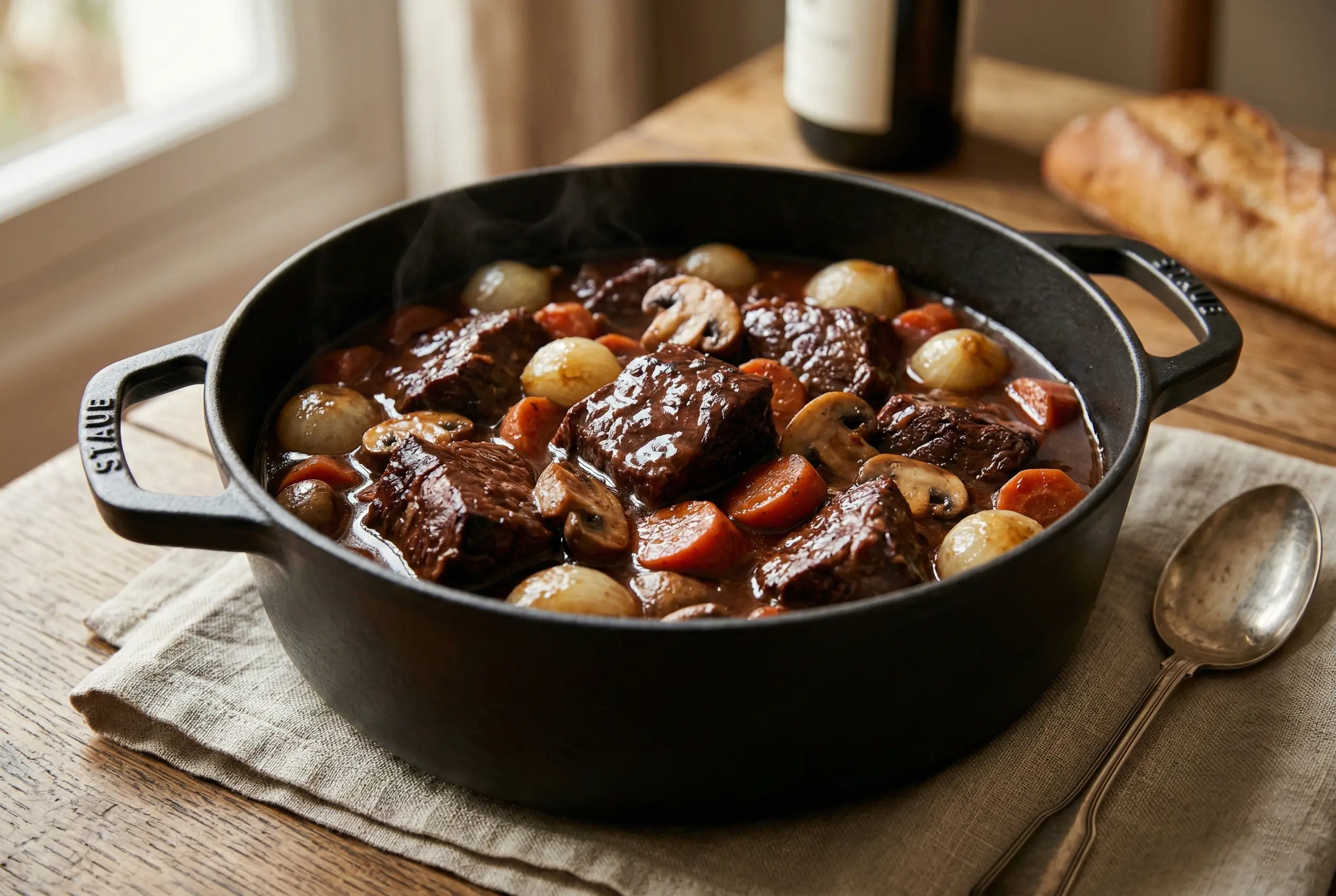 Bœuf bourguignon traditionnel fumant servi dans une cocotte en fonte noire avec une sauce onctueuse et brillante.