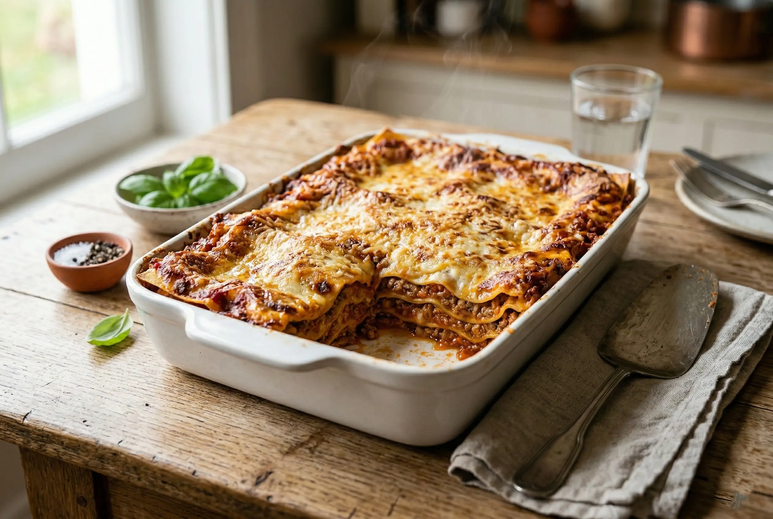 Plat de lasagnes à la bolognaise fumant avec fromage doré et gratiné sortant tout juste du four.