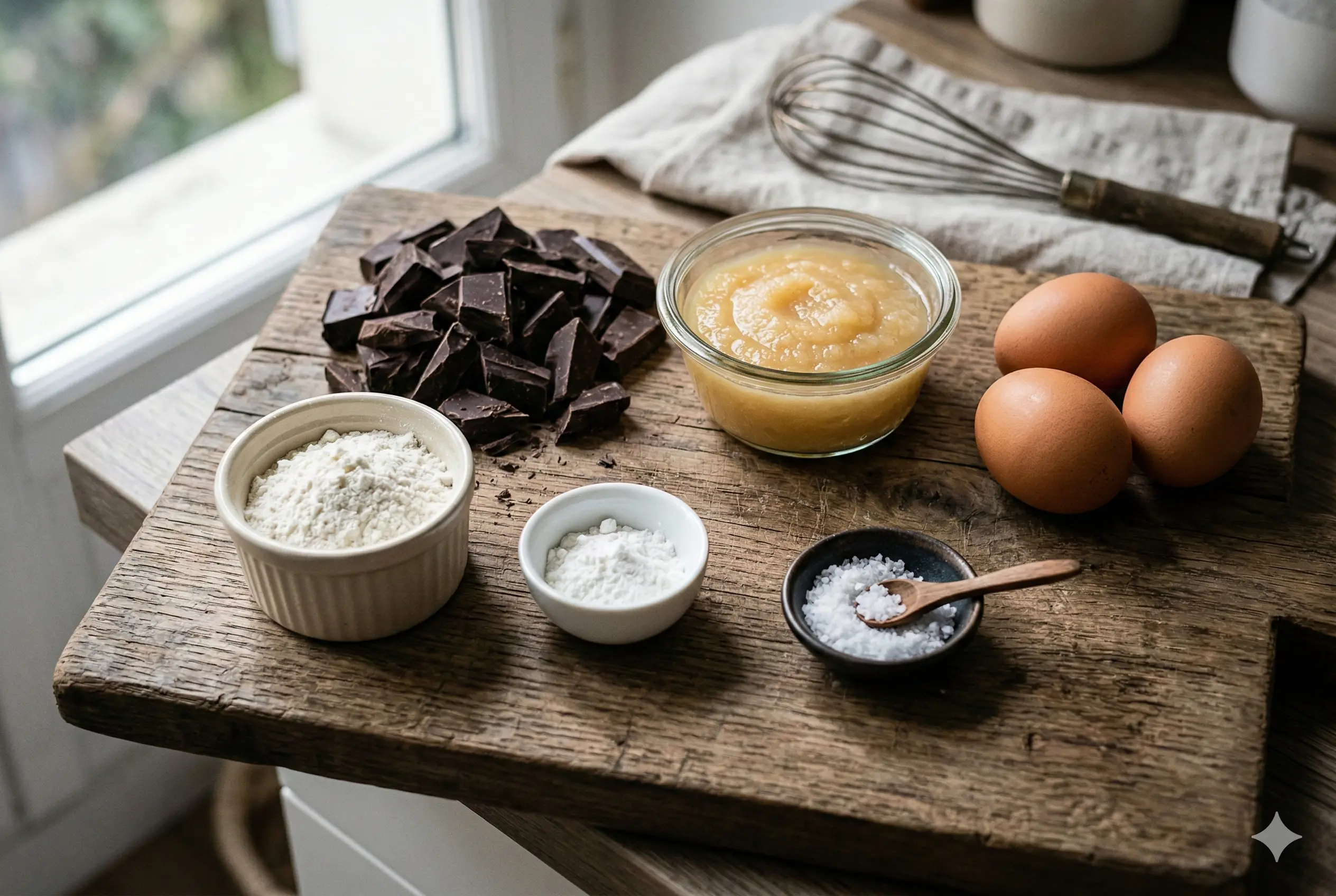 Ingrédients pour fondant au chocolat léger : chocolat noir, compote de pommes, œufs, farine, maïzena et fleur de sel sur une planche en bois.