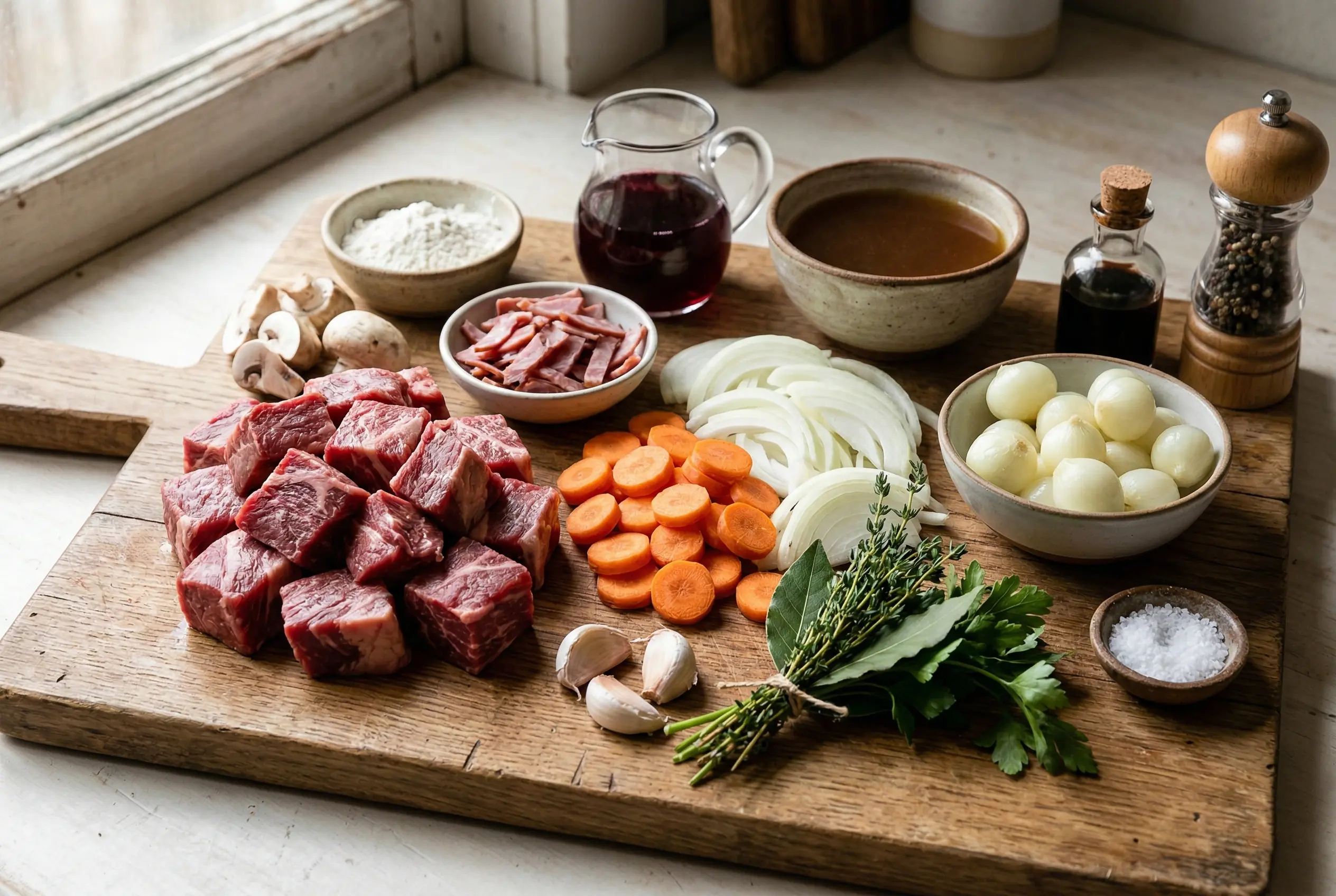Ingrédients frais pour bœuf bourguignon traditionnel : viande de bœuf, carottes, champignons, oignons grelots et herbes aromatiques sur planche en bois.