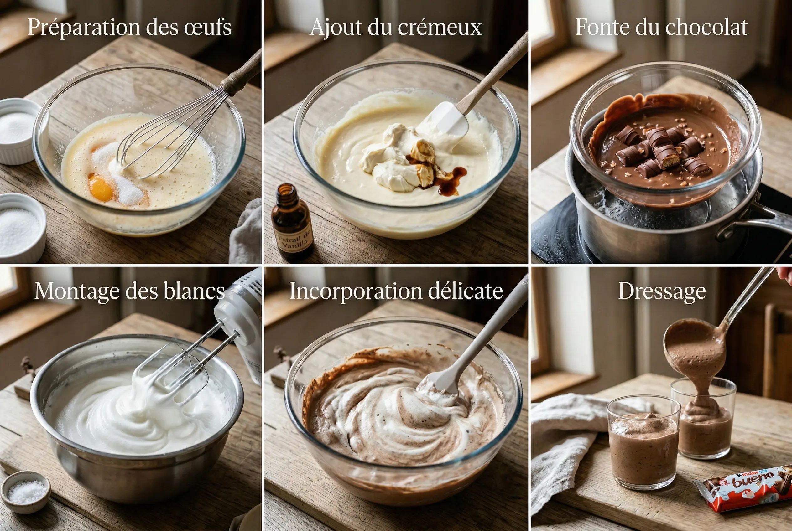 etapes-recette-mousse-kinder-bueno Collage de 6 photos montrant les étapes de fabrication de la mousse Kinder Bueno : fouetter les œufs, ajouter le mascarpone, fondre le chocolat, monter les blancs, incorporer délicatement, dresser en verrines.