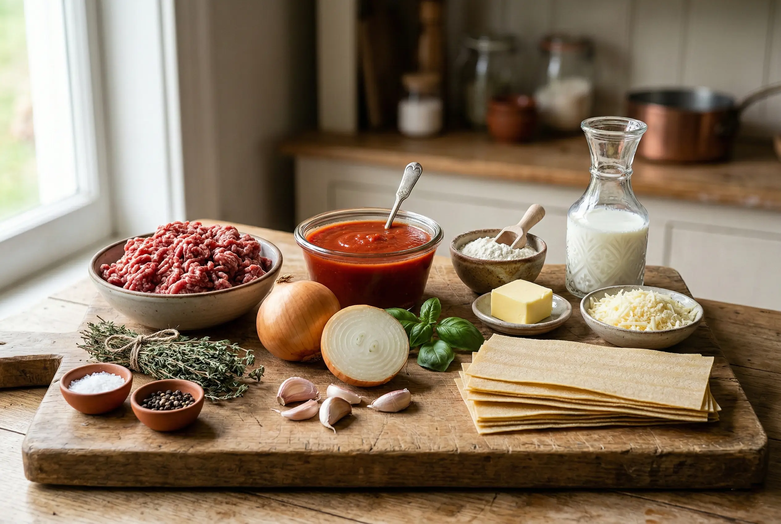 ingredients-lasagnes-bolognaise-maison Ingrédients frais pour lasagnes à la bolognaise : bœuf haché, tomates, pâtes, lait et fromage sur planche en bois.
