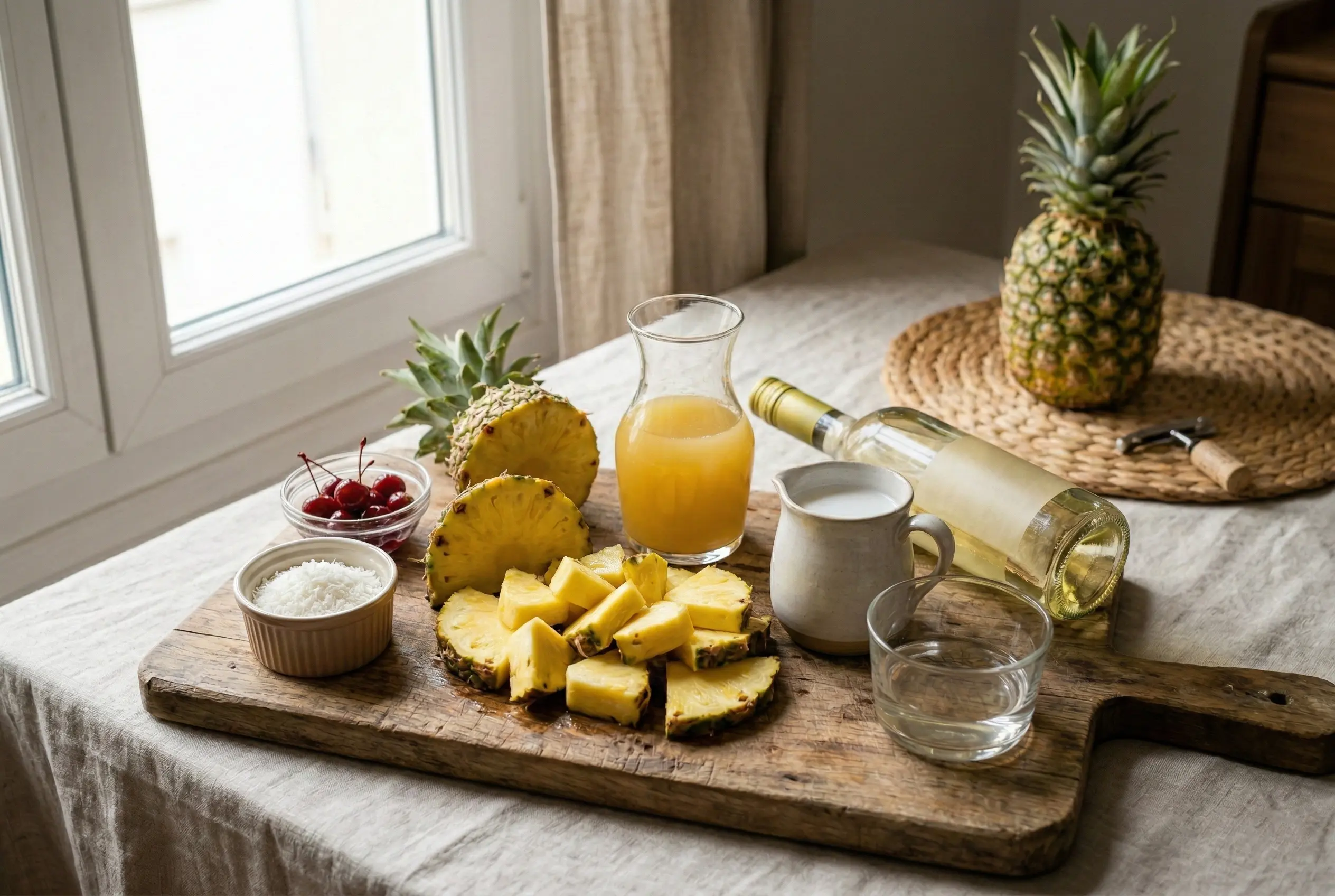 Ingrédients pour Sangria Piña Colada : vin blanc sec, jus d'ananas, lait de coco, rhum blanc et ananas frais sur une planche en bois.