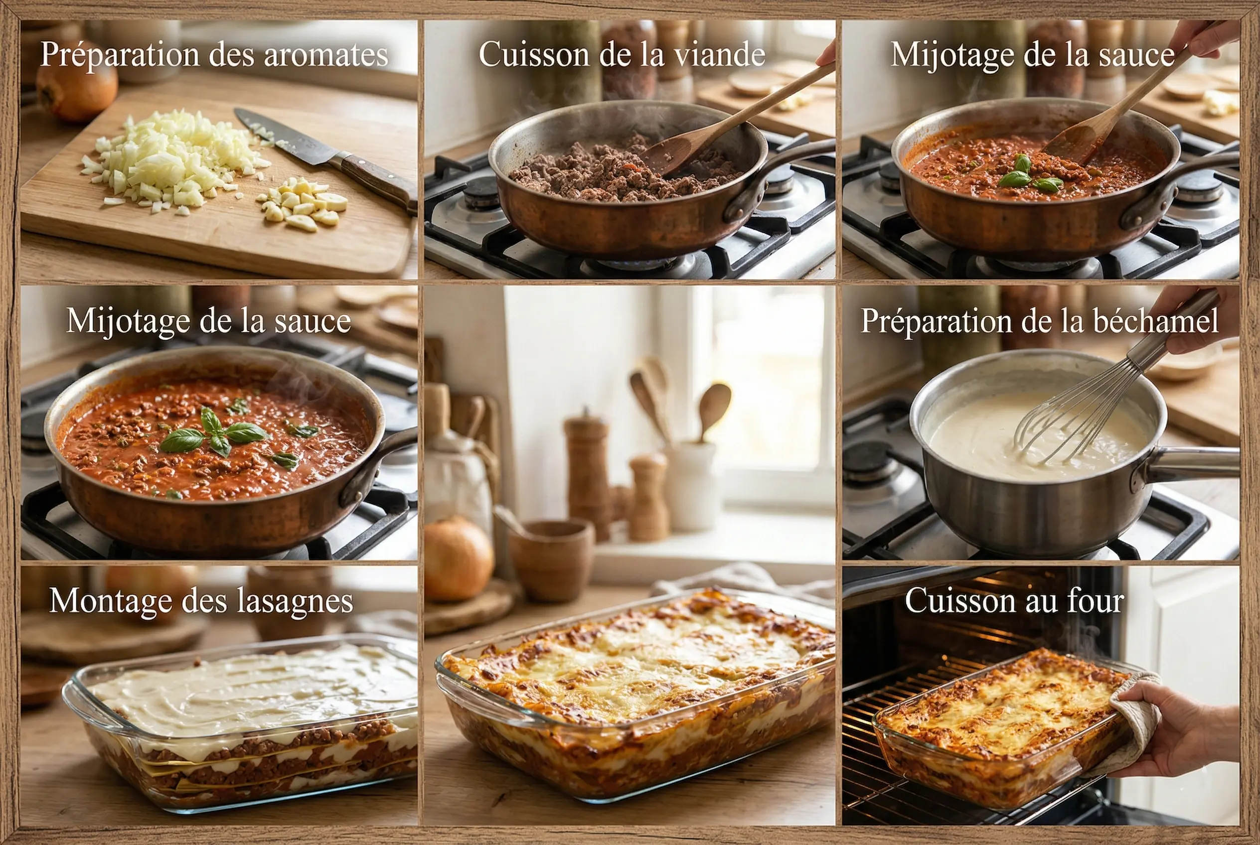 etapes-preparation-lasagnes-bolognaise Guide visuel en 6 étapes pour cuisiner des lasagnes : de la sauce bolognaise au montage et à la cuisson.