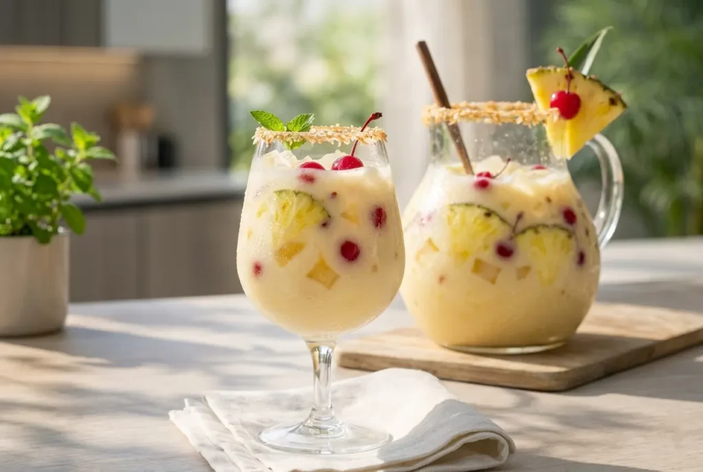 Grand pichet en verre et verres remplis de Sangria Piña Colada servis sur une table en bois avec une décoration tropicale.